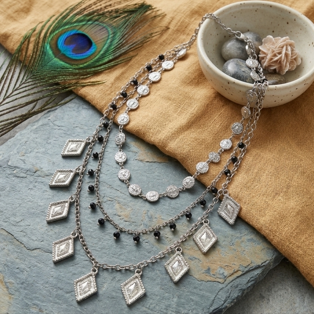 Boho Silver Layered Necklace Black Glass Bead Coin Diamond Whimsigoth 17in